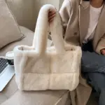 Large capacity splicing faux fur shoulder bag - Image 2