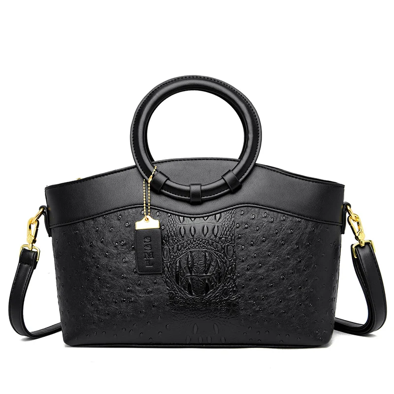 Round handle ostrich pattern tote bag