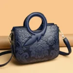 Vintage flower embossed pattern round handle tote bag - Image 13