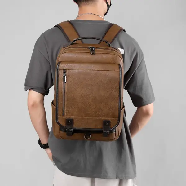 Large capacity top handle men`s leather backpack - Image 11