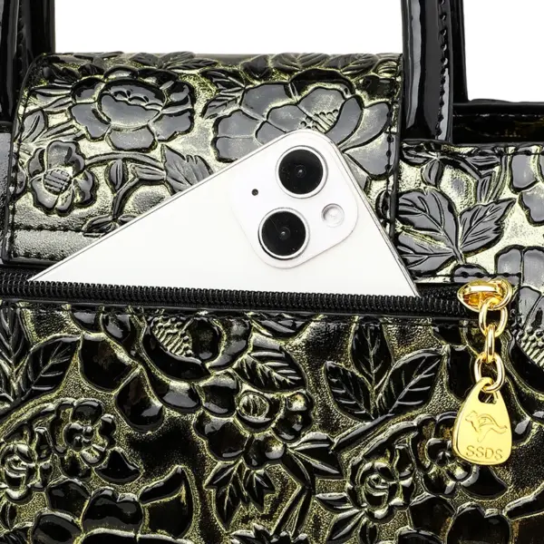 Stylish flower embossed bright leather handbag - Image 7