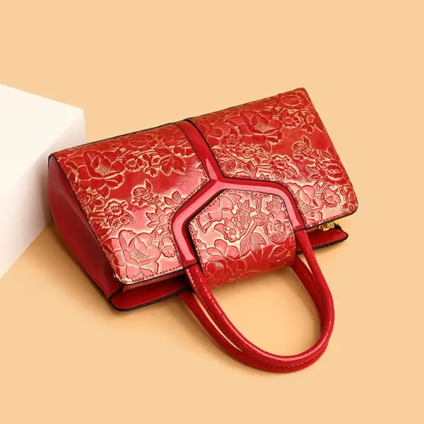 Stylish flower embossed bright leather handbag - Image 12