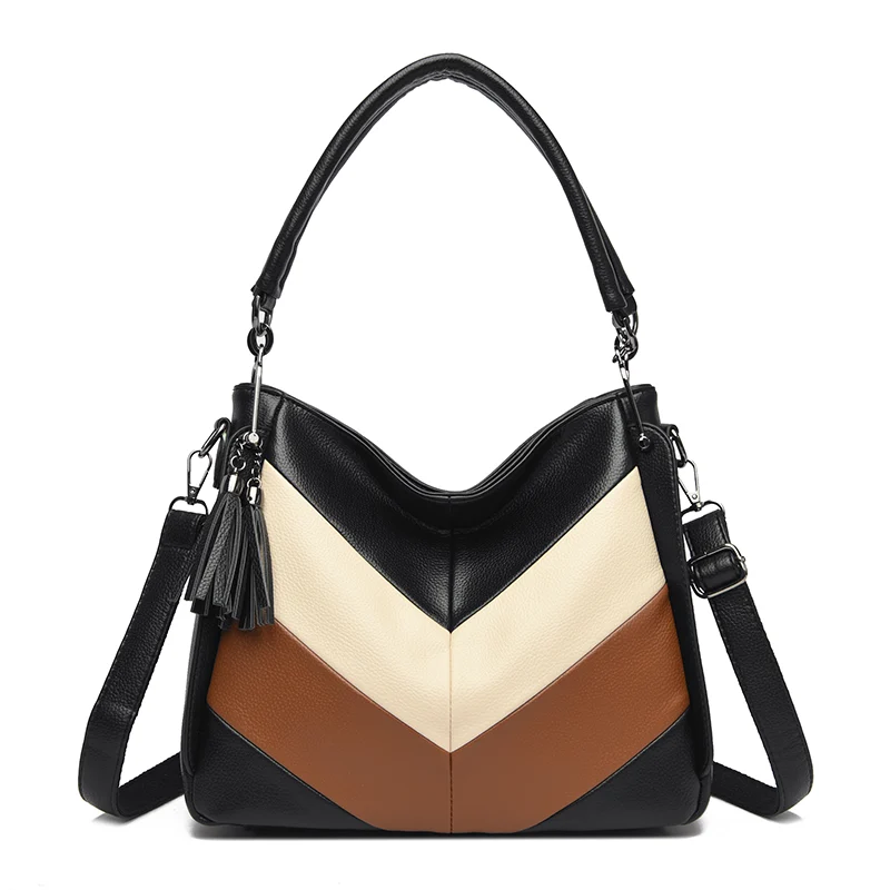 Splicing design soft leather shoulder tote bag
