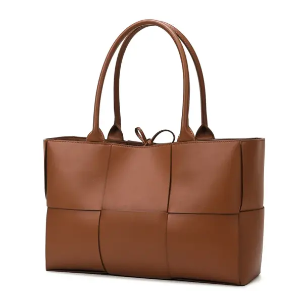 Vintage Woven Grid Large Capacity Leather Tote Bag - Image 2