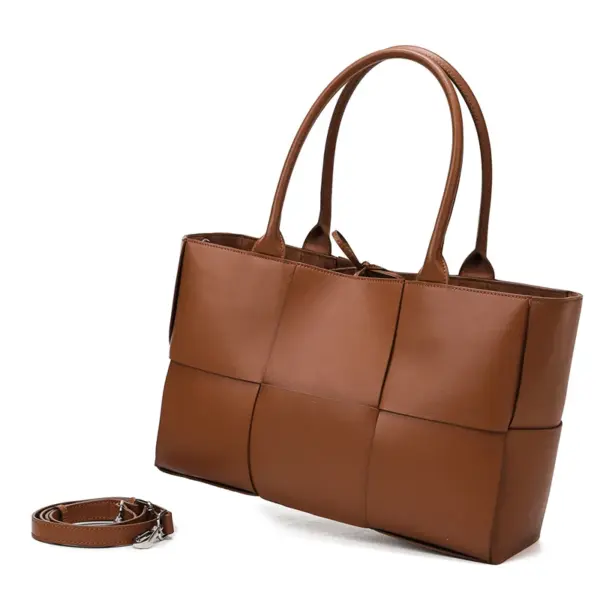Vintage Woven Grid Large Capacity Leather Tote Bag - Image 13