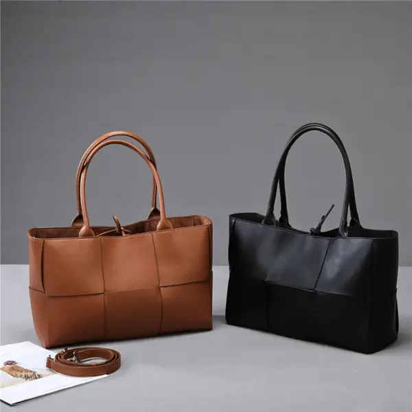 Vintage Woven Grid Large Capacity Leather Tote Bag - Image 14