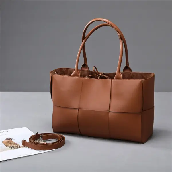 Vintage Woven Grid Large Capacity Leather Tote Bag - Image 15