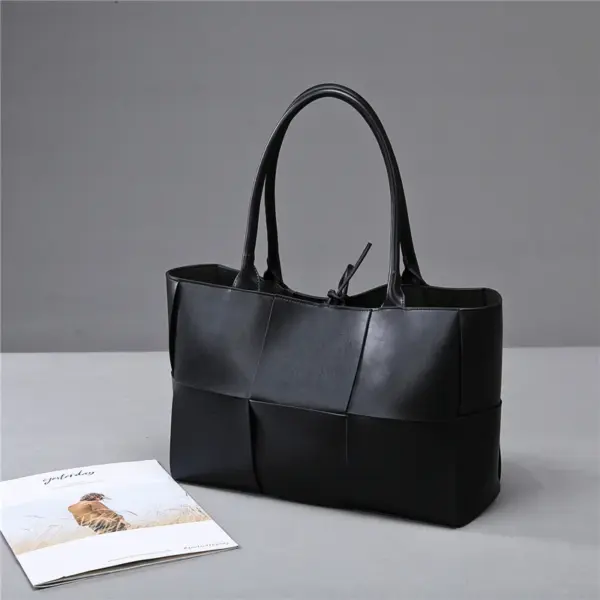 Vintage Woven Grid Large Capacity Leather Tote Bag - Image 16