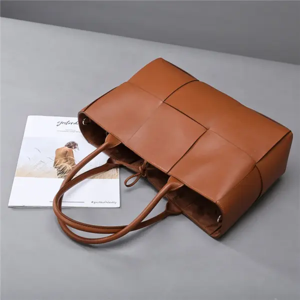 Vintage Woven Grid Large Capacity Leather Tote Bag - Image 18