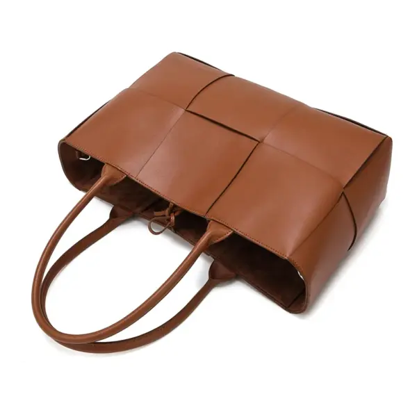 Vintage Woven Grid Large Capacity Leather Tote Bag - Image 5