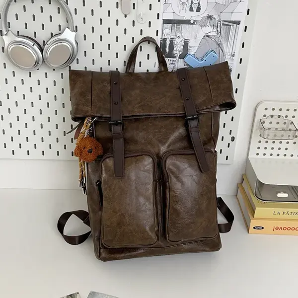 Vintage style large capacity leather backpack - Image 3