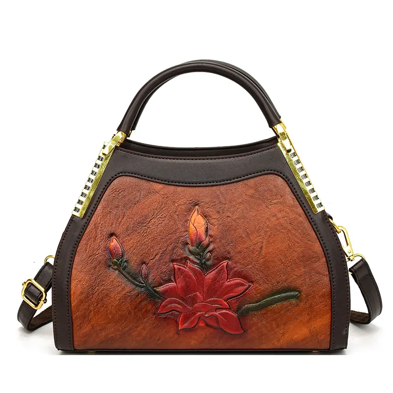 Lotus Bloom Vintage Handbag - Brown Vintage lotus embossed handbag in brown