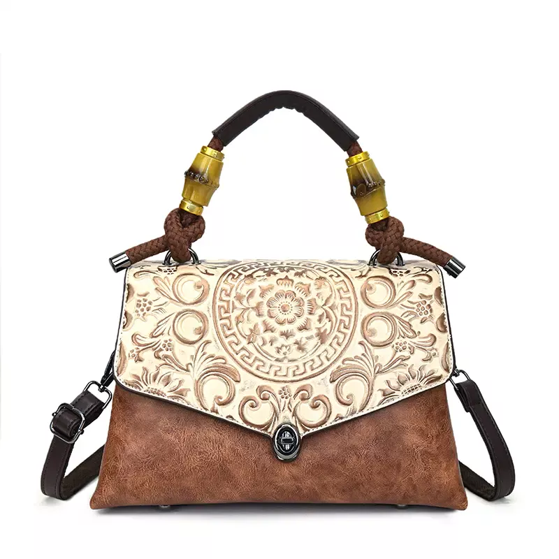 Carved Mandala Bamboo-Handle Satchel -BROWN Carved Mandala Bamboo-Handle Satchel - Image 1
