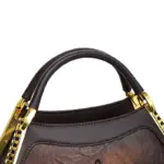 Structured lotus handbag interior and zipper details
