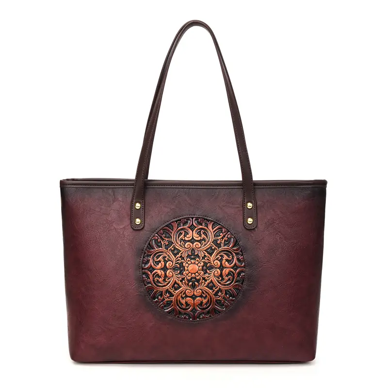 Regal Medallion Large Carryall Tote -Burgundy Regal Medallion Large Carryall Tote - BAGYOHO product view
