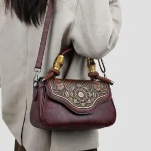 Carved Floral Bamboo-Handle Satchel detail view 1