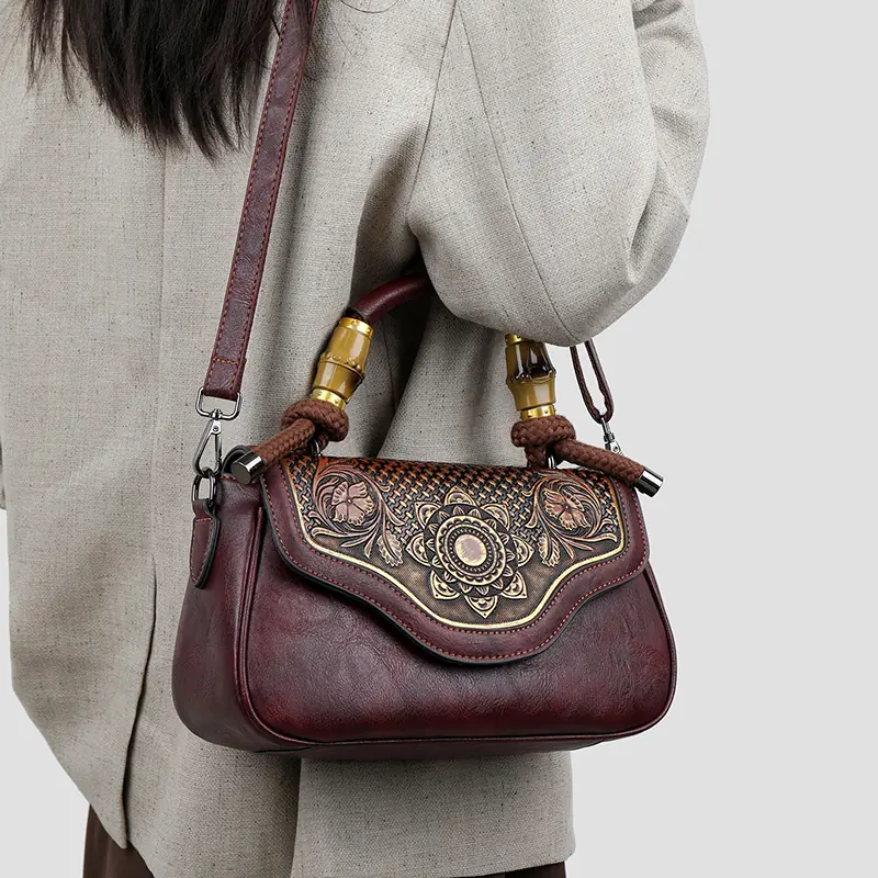 Carved Floral Bamboo-Handle Satchel detail view 1
