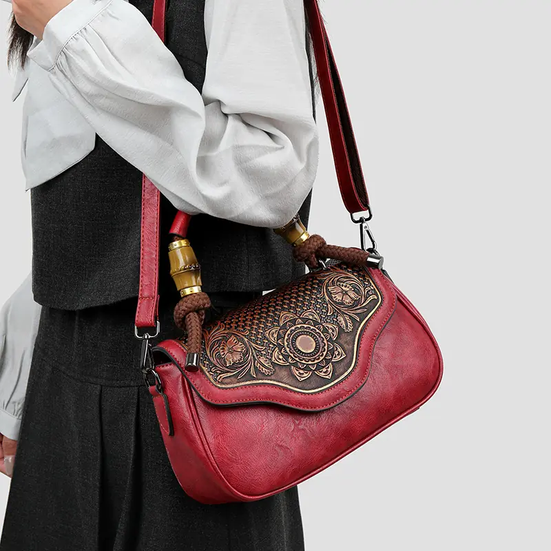Carved Floral Bamboo-Handle Satchel detail view 8