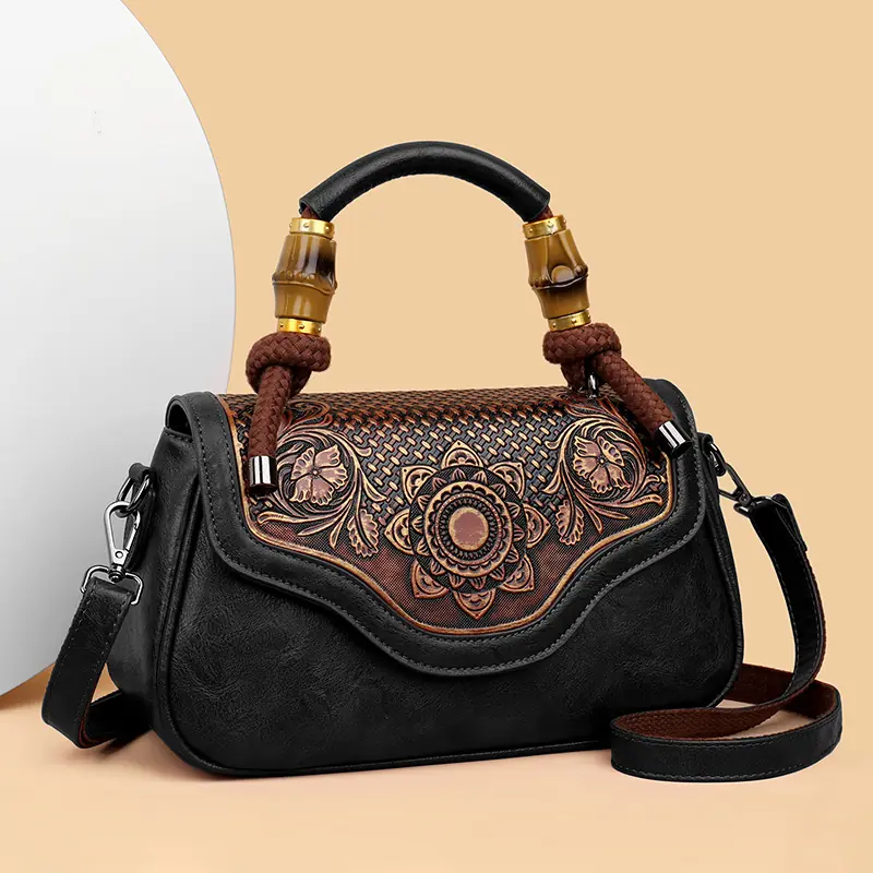 Carved Floral Bamboo-Handle Satchel detail view 33