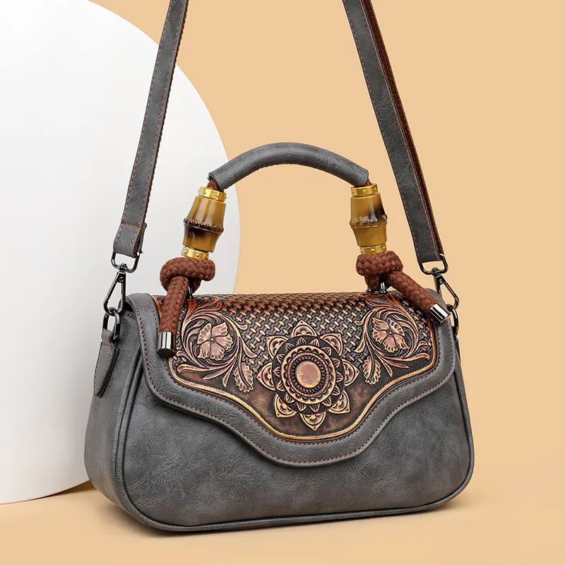 Carved Floral Bamboo-Handle Satchel detail view 35