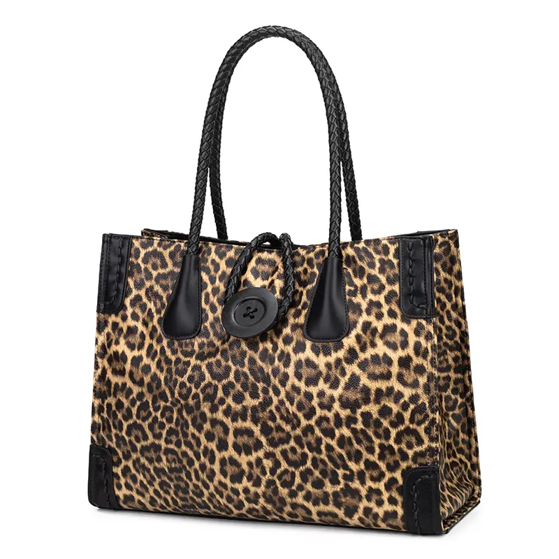 Leopard Print Braided-Handle Tote detail view 1