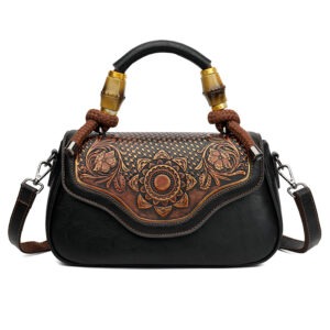 Carved Floral Bamboo-Handle Satchel in black