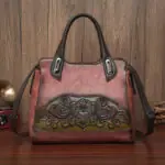 Floral Embossed Structured Tote in brown