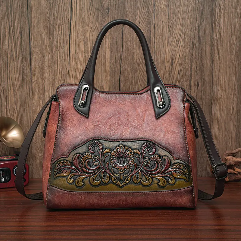 Floral Embossed Structured Tote in brown
