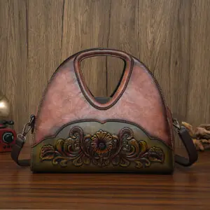 Floral Embossed Half-Moon Handbag in brown