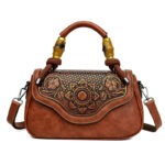 Carved Floral Bamboo-Handle Satchel in brown