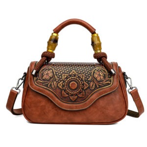 Carved Floral Bamboo-Handle Satchel in brown