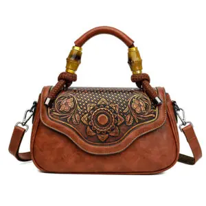 Carved Floral Bamboo-Handle Satchel in brown
