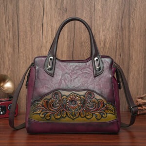 Floral Embossed Structured Tote in burgundy
