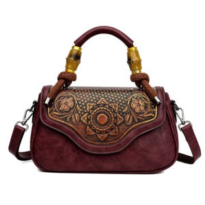 Carved Floral Bamboo-Handle Satchel in burgundy