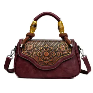 Carved Floral Bamboo-Handle Satchel in burgundy