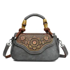 Carved Floral Bamboo-Handle Satchel in gray
