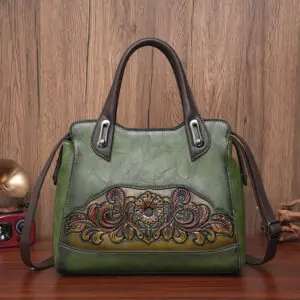 Floral Embossed Structured Tote in green