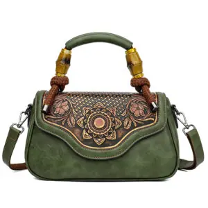 Carved Floral Bamboo-Handle Satchel in green