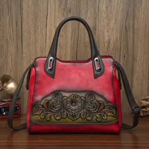 Floral Embossed Structured Tote in red