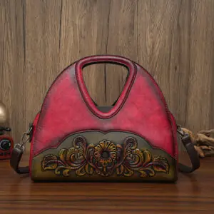 Floral Embossed Half-Moon Handbag in red