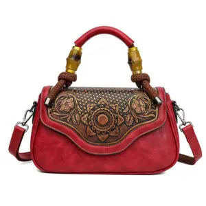 Carved Floral Bamboo-Handle Satchel in red
